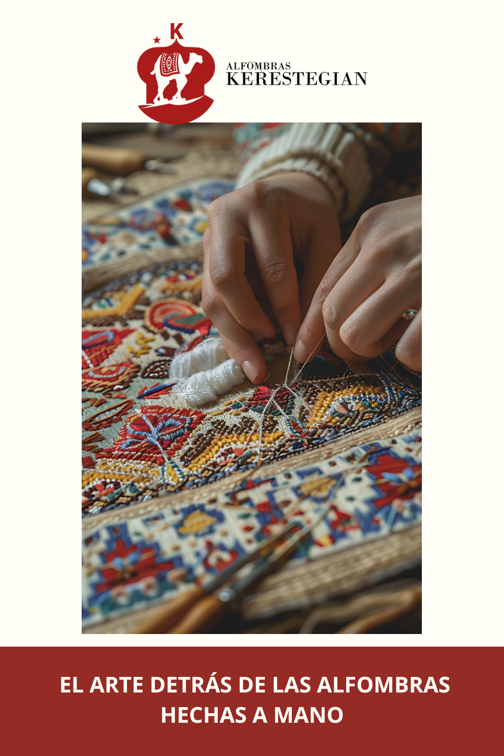 Detalle de una alfombra hecha a mano con colores vibrantes y patrones intrincados