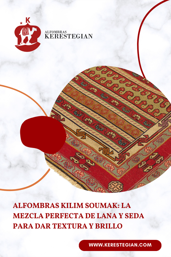 Alfombra kilim soumak con lana y seda que aporta textura y brillo