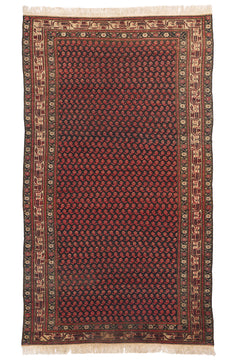 Alfombra de fondo oscuro con patrón repetitivo en tonos rojos y borde decorativo beige con detalles intrincados.