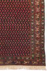 Detalle de la esquina inferior de una alfombra oscura con patrón rojo y bordes decorativos en beige.