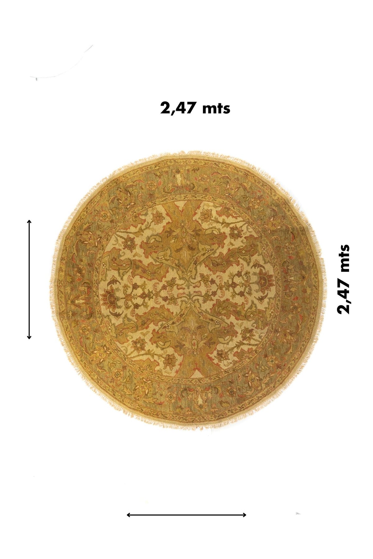 Alfombra redonda clásica de 2,47 metros en tonos beige y dorado con diseño floral ornamental.
