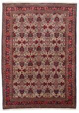 Altura completa de alfombra persa floral con fondo crema y detalles rojos y azules.