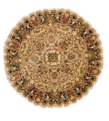 Vista superior de alfombra redonda con borde ondulado, diseño floral intrincado y combinación de colores beige, negro, rojo y dorado.
