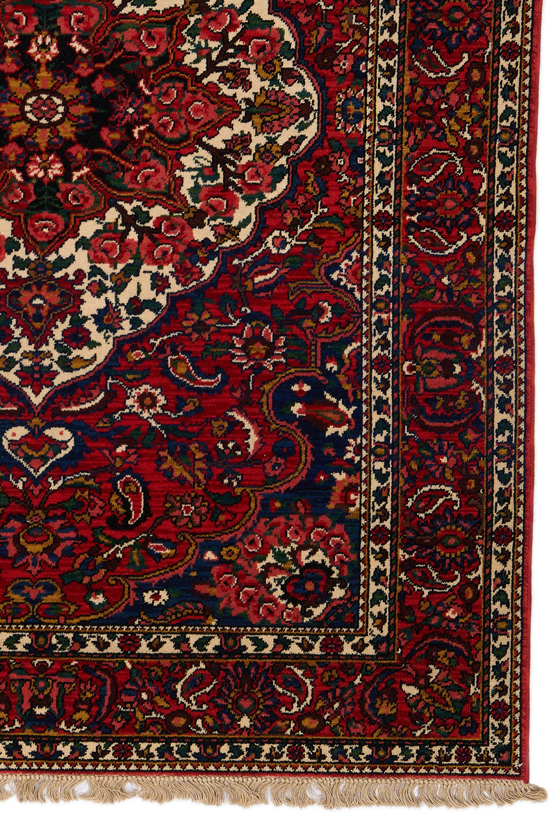 Detalle inferior derecho de la alfombra, mostrando el patrón floral y las guardas ornamentadas en tonos marfil y rojo.