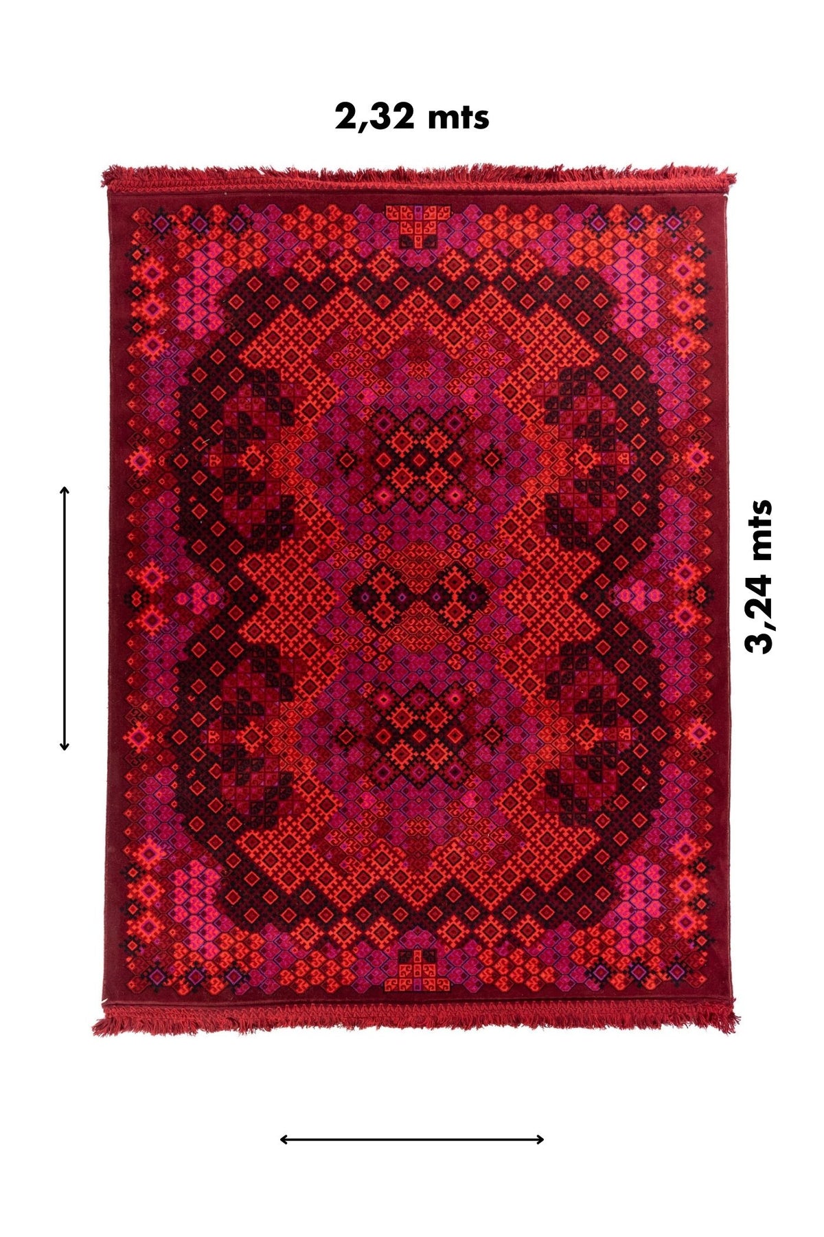 Alfombra roja artesanal de 2,32 x 3,24 metros con diseño geométrico tradicional de Asia Central.