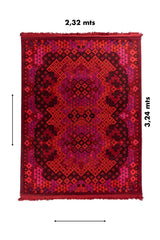 Alfombra roja artesanal de 2,32 x 3,24 metros con diseño geométrico tradicional de Asia Central.
