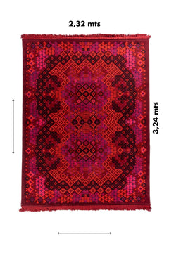 Alfombra roja artesanal de 2,32 x 3,24 metros con diseño geométrico tradicional de Asia Central.