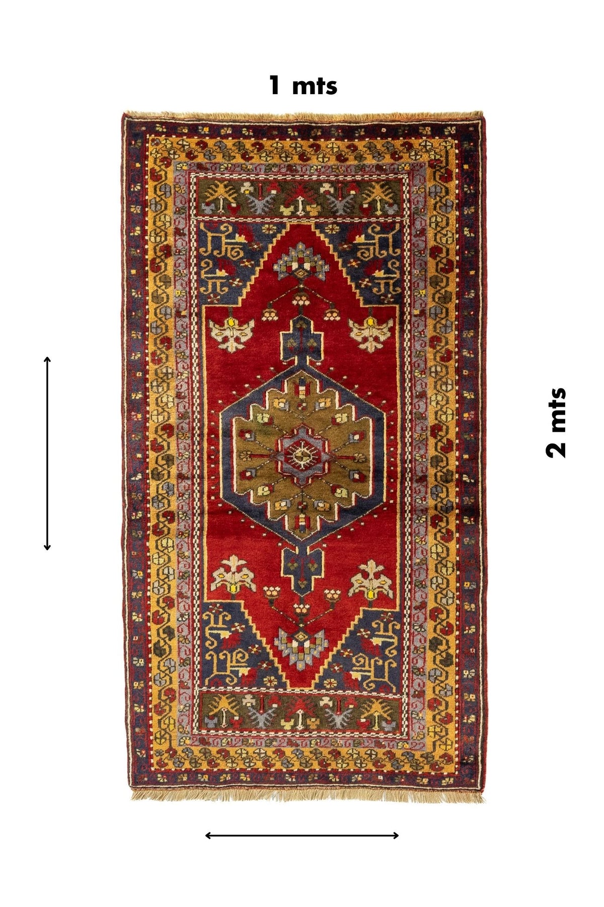 Alfombra oriental rectangular de 1 x 2 metros con composición geométrica central y bordes decorativos tradicionales