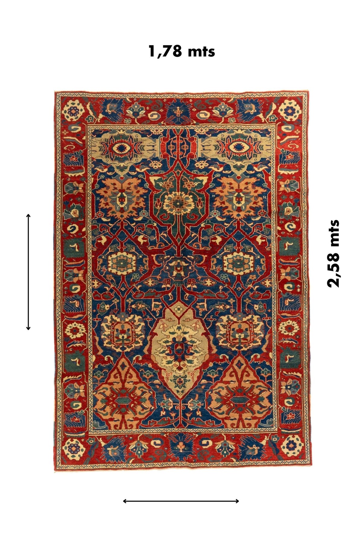 Alfombra clásica roja y azul de 1,78 x 2,58 metros con diseño geométrico simétrico