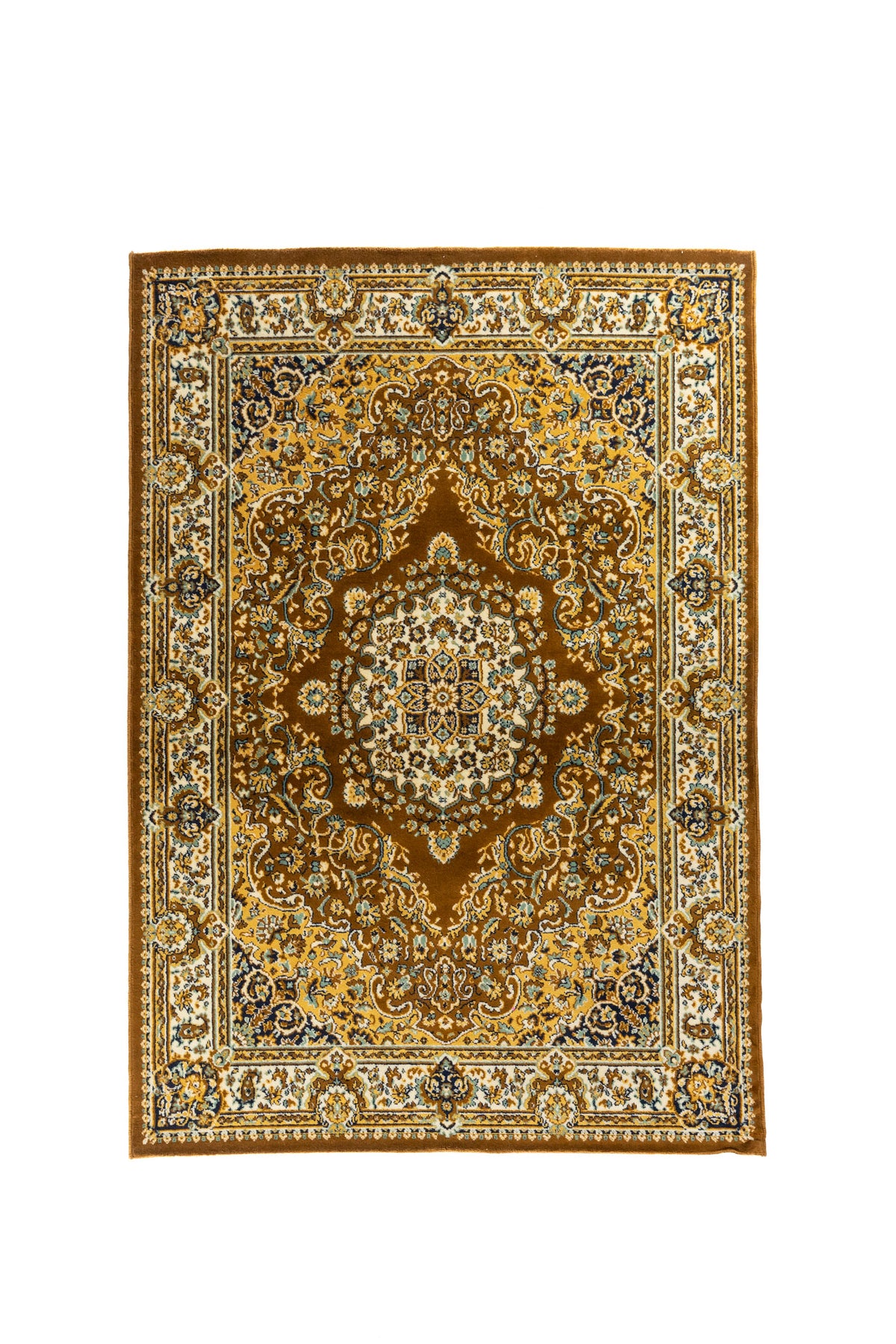 Alfombra clásica oriental en tonos marrón, amarillo oscuro, beige y azul oscuro con medallón central floral, guarda ornamental clara y diseño simétrico.