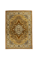 Alfombra clásica oriental en tonos marrón, amarillo oscuro, beige y azul oscuro con medallón central floral, guarda ornamental clara y diseño simétrico.