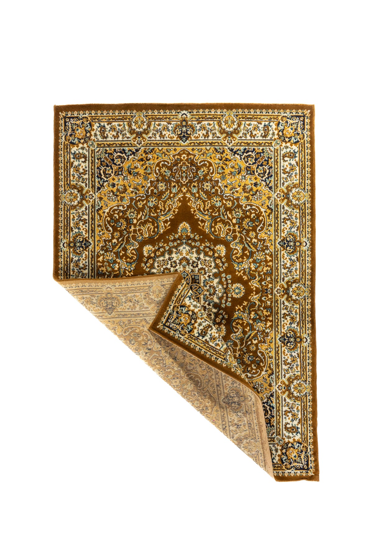 Alfombra oriental clásica con una esquina doblada que muestra el reverso, la estructura del tejido y la riqueza de su diseño ornamental.