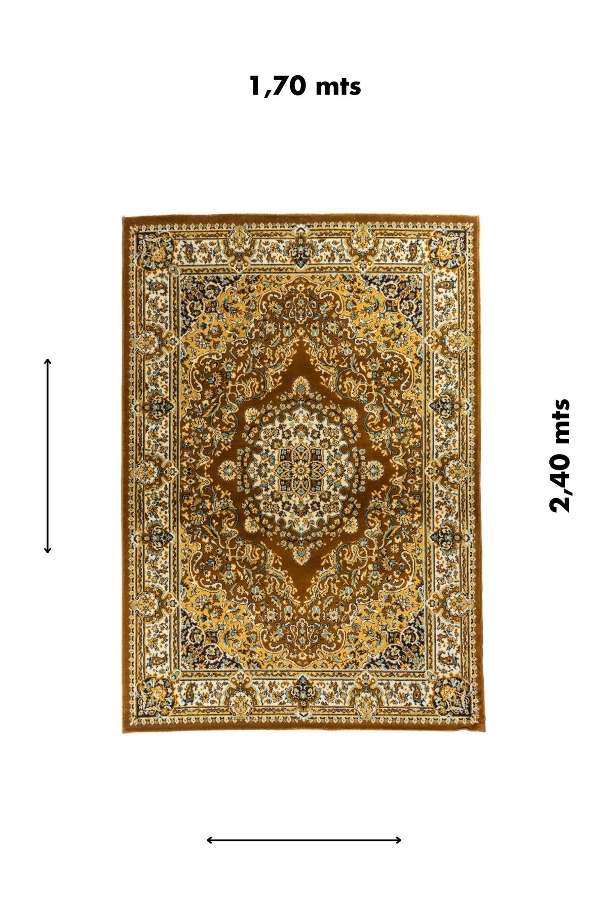 Alfombra clásica oriental en tonos marrón y beige con medallón central y medidas de 1.70 x 2.40 metros.