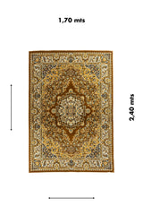 Alfombra clásica oriental en tonos marrón y beige con medallón central y medidas de 1.70 x 2.40 metros.