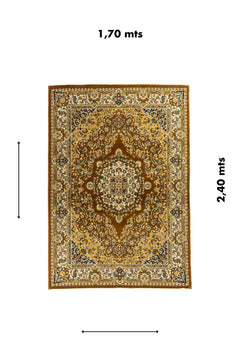 Alfombra clásica oriental en tonos marrón y beige con medallón central y medidas de 1.70 x 2.40 metros.