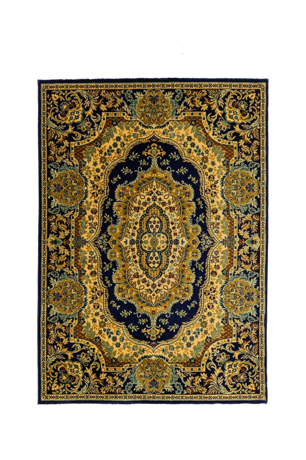 Alfombra clásica rectangular en tonos azul marino, beige y dorado con medallón central ornamental, arabescos florales y bordes decorativos simétricos.