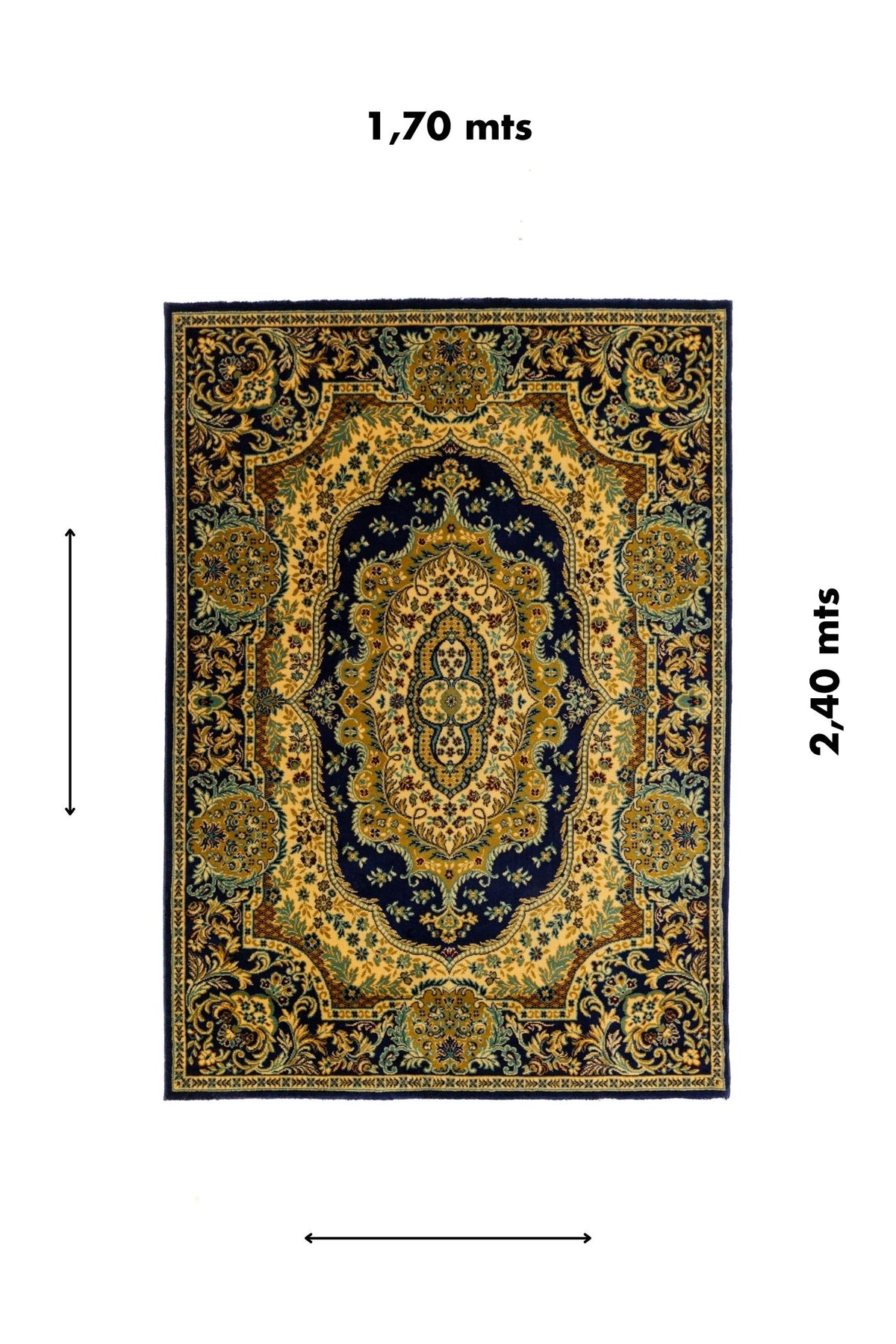 Alfombra rectangular de 1.70 x 2.40 metros en color azul marino con medallón central, arabescos florales y bordes decorativos clásicos.