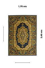 Alfombra rectangular de 1.70 x 2.40 metros en color azul marino con medallón central, arabescos florales y bordes decorativos clásicos.