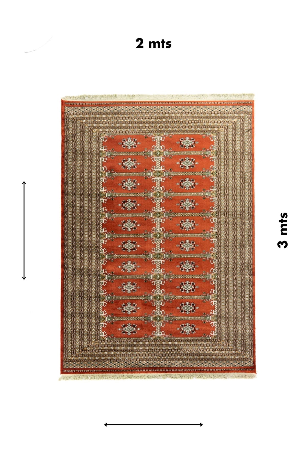 Alfombra rectangular de 2 x 3 metros en tonos rojo, beige, marrón y verde, con composición geométrica central y marco decorativo de varias guardas.