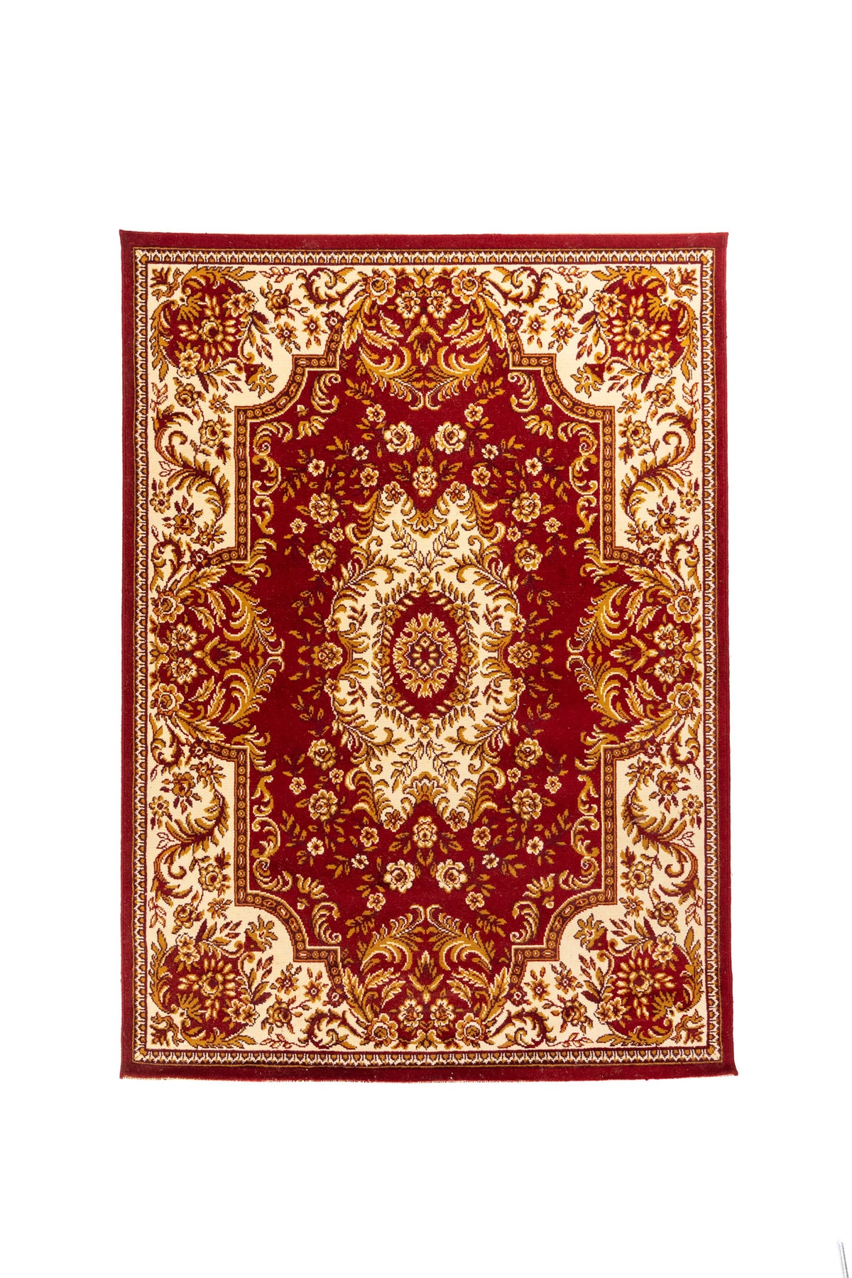 Alfombra rectangular clásica en tonos rojo intenso, blanco suave y dorado, con medallón central ornamental y motivos florales simétricos.