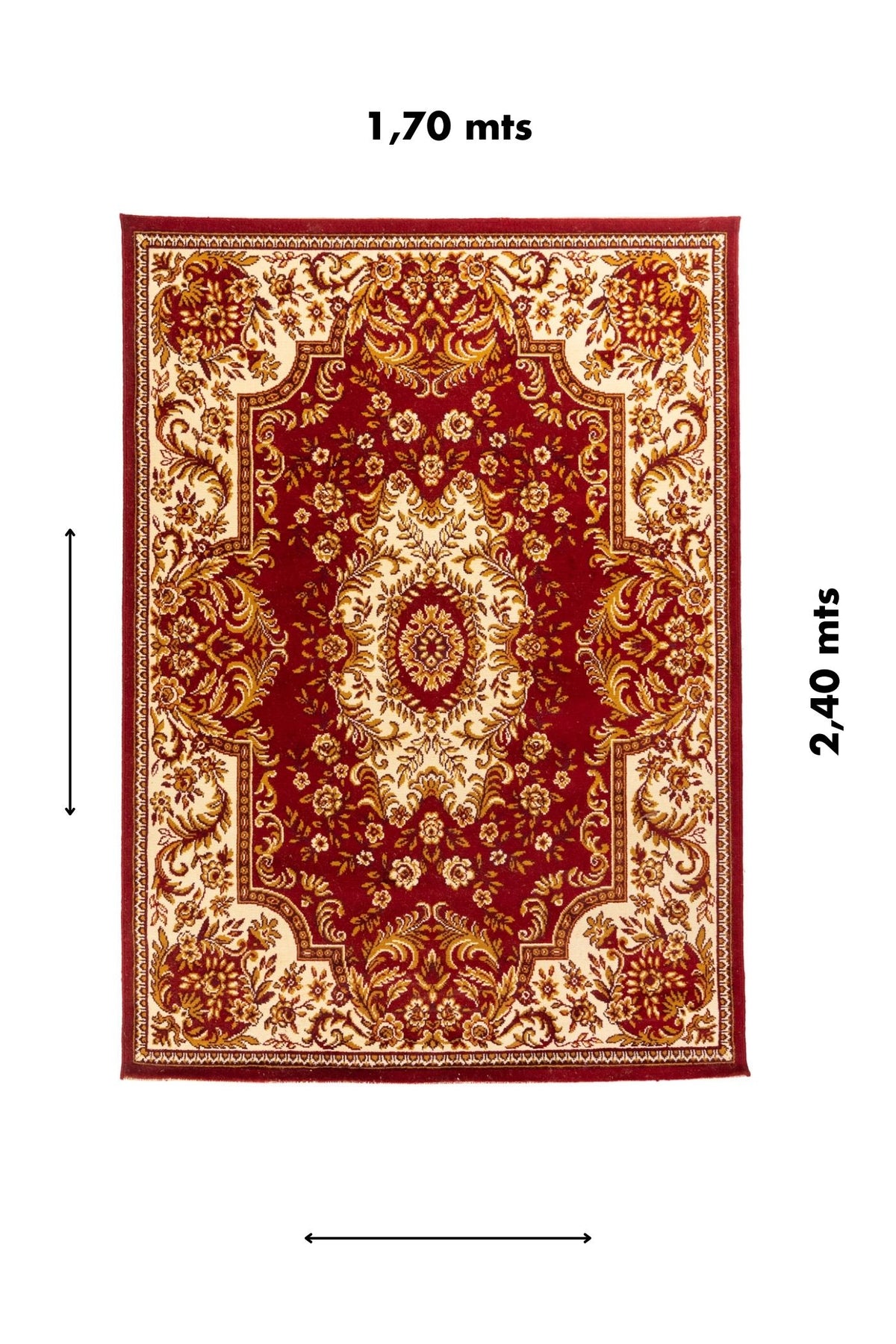 Alfombra rectangular de 1,70 x 2,40 metros en tonos rojo intenso, blanco suave y dorado, con medallón central y diseño floral clásico.
