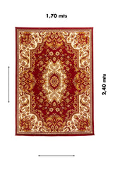 Alfombra rectangular de 1,70 x 2,40 metros en tonos rojo intenso, blanco suave y dorado, con medallón central y diseño floral clásico.