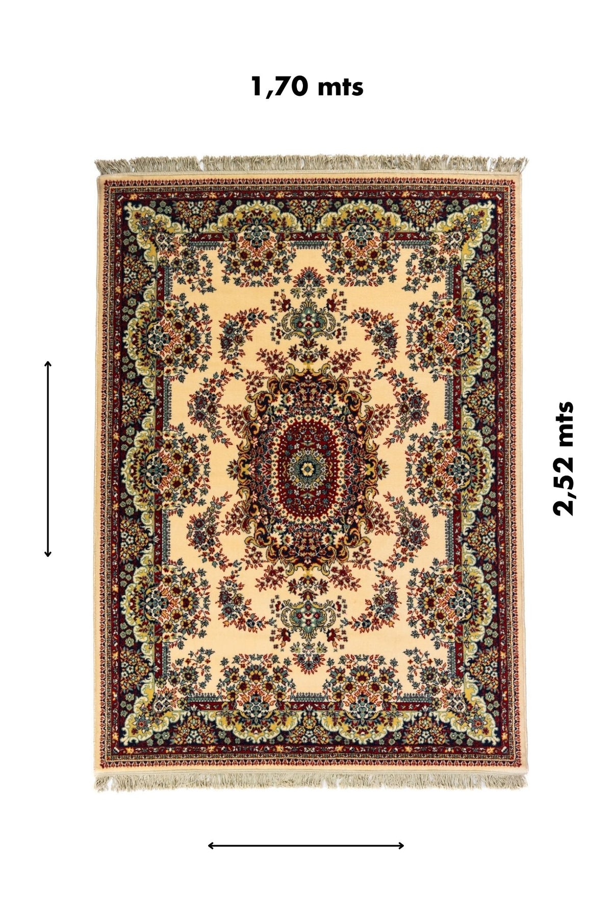 Alfombra rectangular de 1,70 x 2,52 metros con diseño persa tradicional, medallón central elaborado, fondo blanco suave y bordes florales en azul oscuro, rojo y beige.