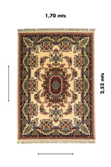 Alfombra rectangular de 1,70 x 2,52 metros con diseño persa tradicional, medallón central elaborado, fondo blanco suave y bordes florales en azul oscuro, rojo y beige.