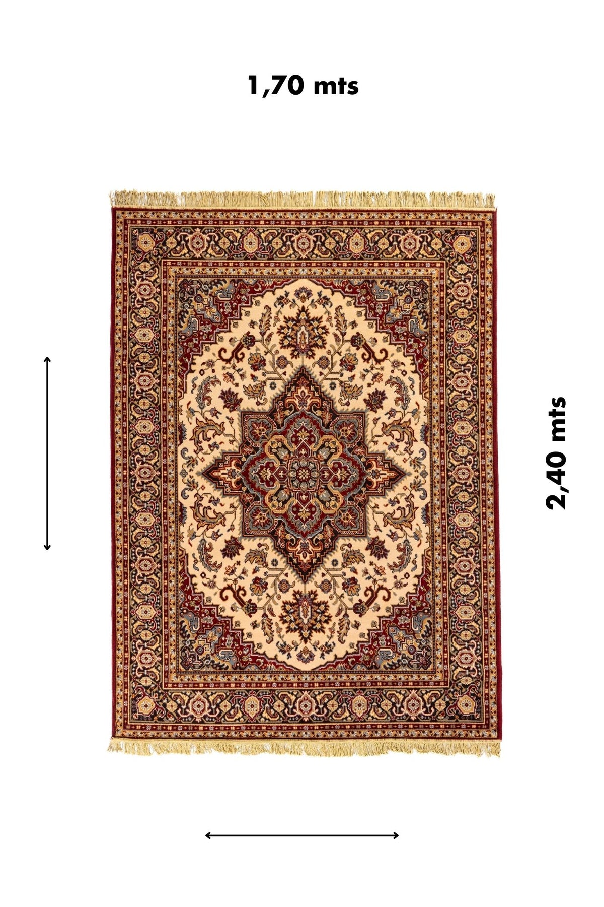 Alfombra rectangular de 1,70 x 2,40 metros en tono beige con medallón central geométrico, guarda floral en tonos rojo y negro con flecos en ambos extremos.