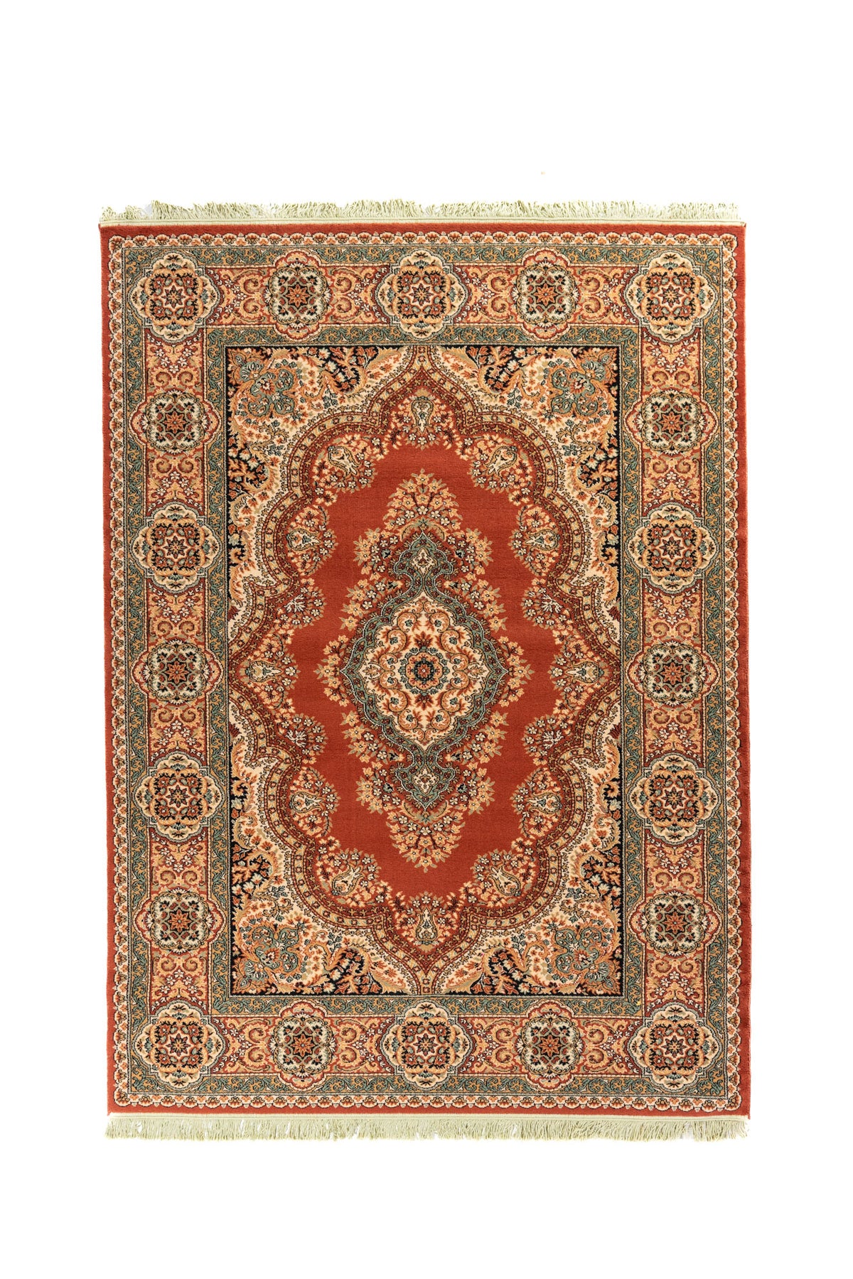 Alfombra oriental rectangular en tono rojo con medallón central blanco suave y detalles florales en azul suave, beige y negro, enmarcada por una guarda ancha con rosetones ornamentales y flecos en los extremos.