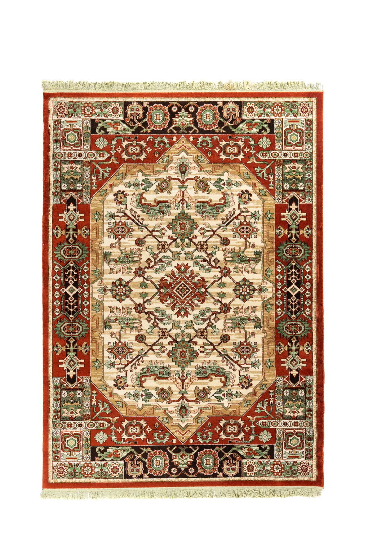Alfombra clásica de inspiración oriental en tonos rojo, blanco suave, verde suave y negro, con medallón geométrico central.