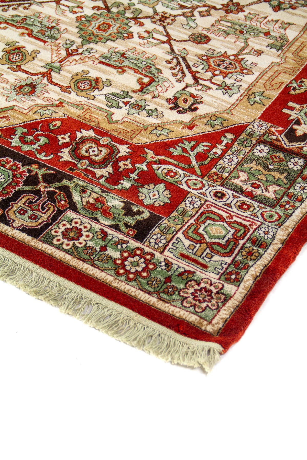 Acercamiento del borde y campo central de alfombra de estilo tradicional con motivos geométricos y florales en rojo, beige, verde y negro.