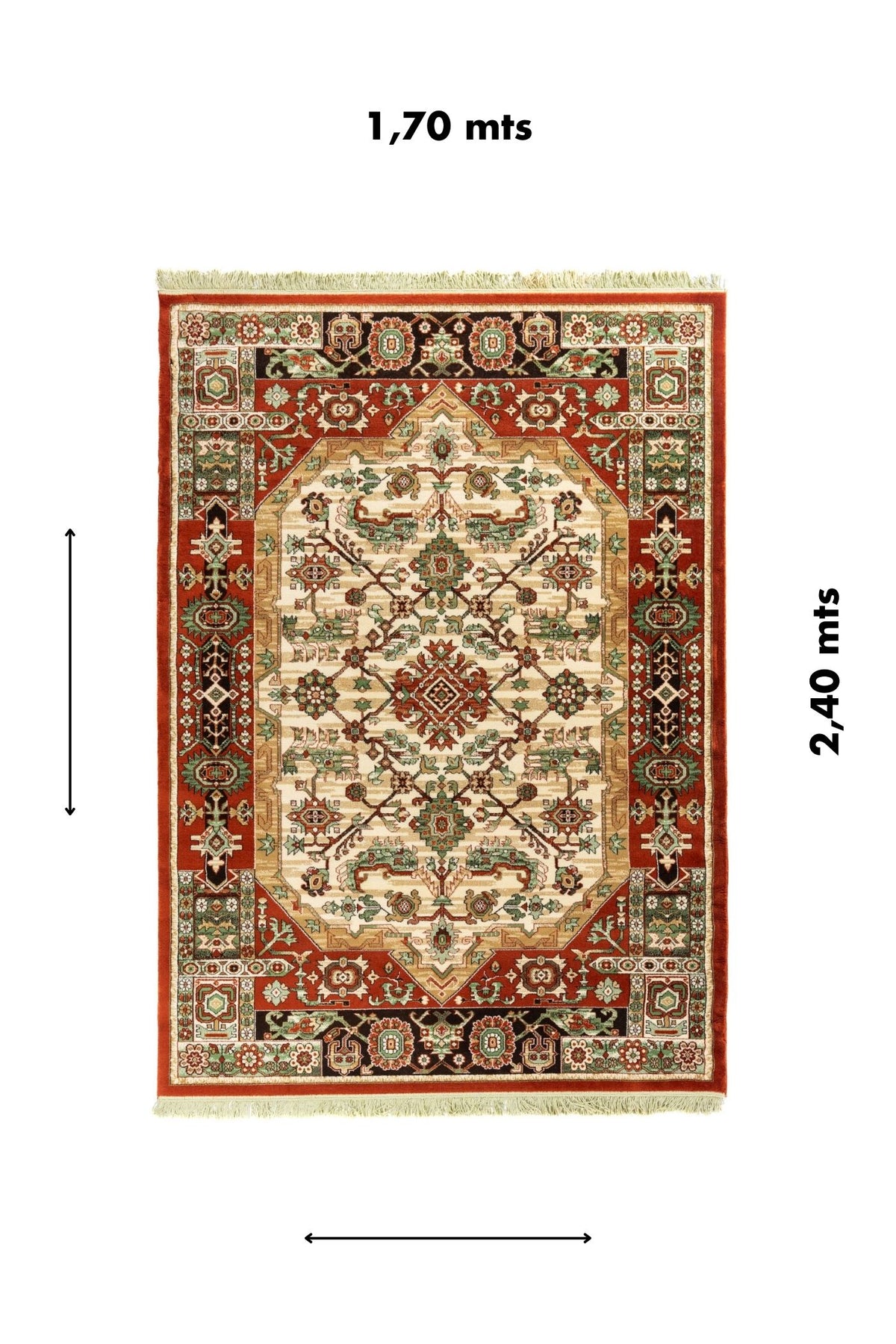 Vista completa de alfombra clásica oriental en rojo y blanco suave con diseño geométrico central y medidas de 1.70 x 2.40 metros.