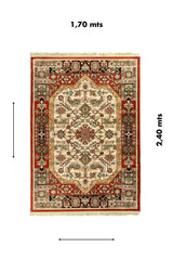 Vista completa de alfombra clásica oriental en rojo y blanco suave con diseño geométrico central y medidas de 1.70 x 2.40 metros.