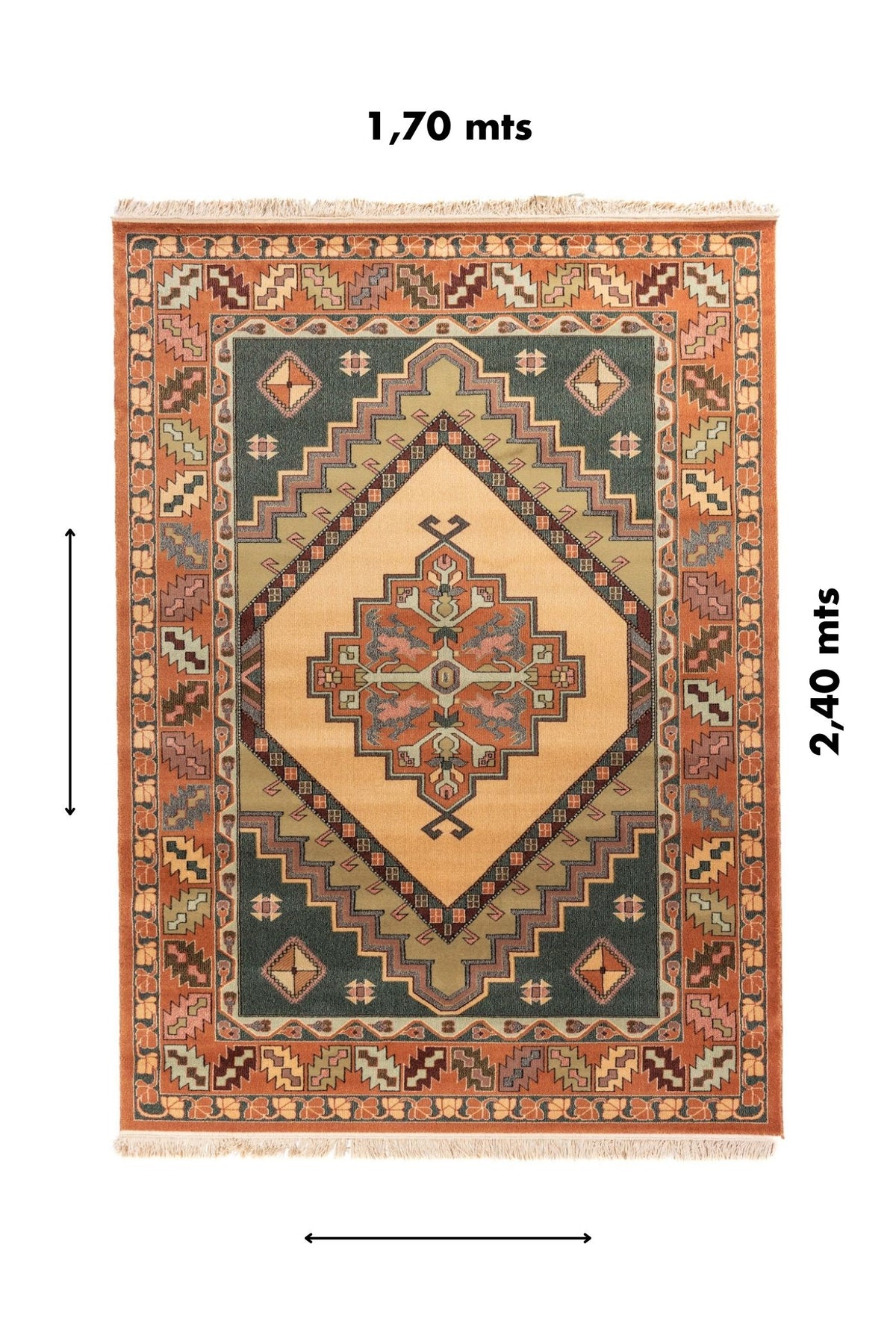 Vista completa de alfombra geométrica de inspiración oriental en tonos rojo, beige y verde, con medidas de 1.70 x 2.40 metros.