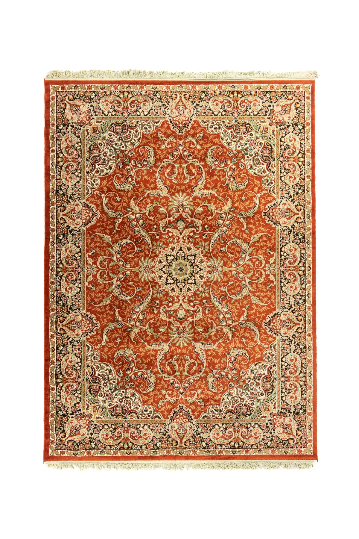 Alfombra clásica oriental en tonos anaranjado oscuro, blanco suave y negro con medallón central y diseño floral ornamental