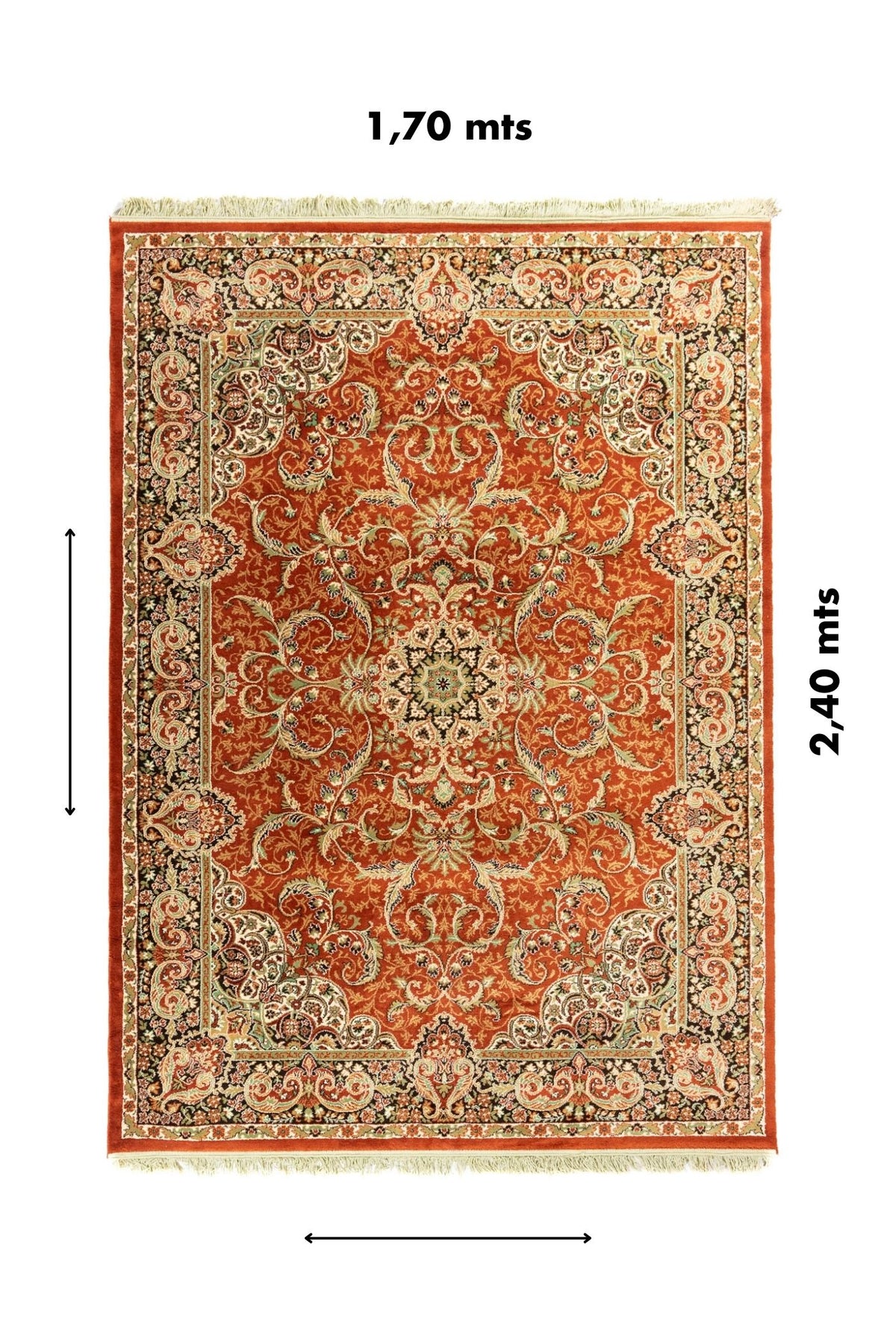 Alfombra clásica oriental de 1.70 x 2.40 metros en tonos anaranjado suave, blanco suave y negro con diseño floral simétrico