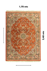Alfombra clásica oriental de 1.70 x 2.40 metros en tonos anaranjado suave, blanco suave y negro con diseño floral simétrico