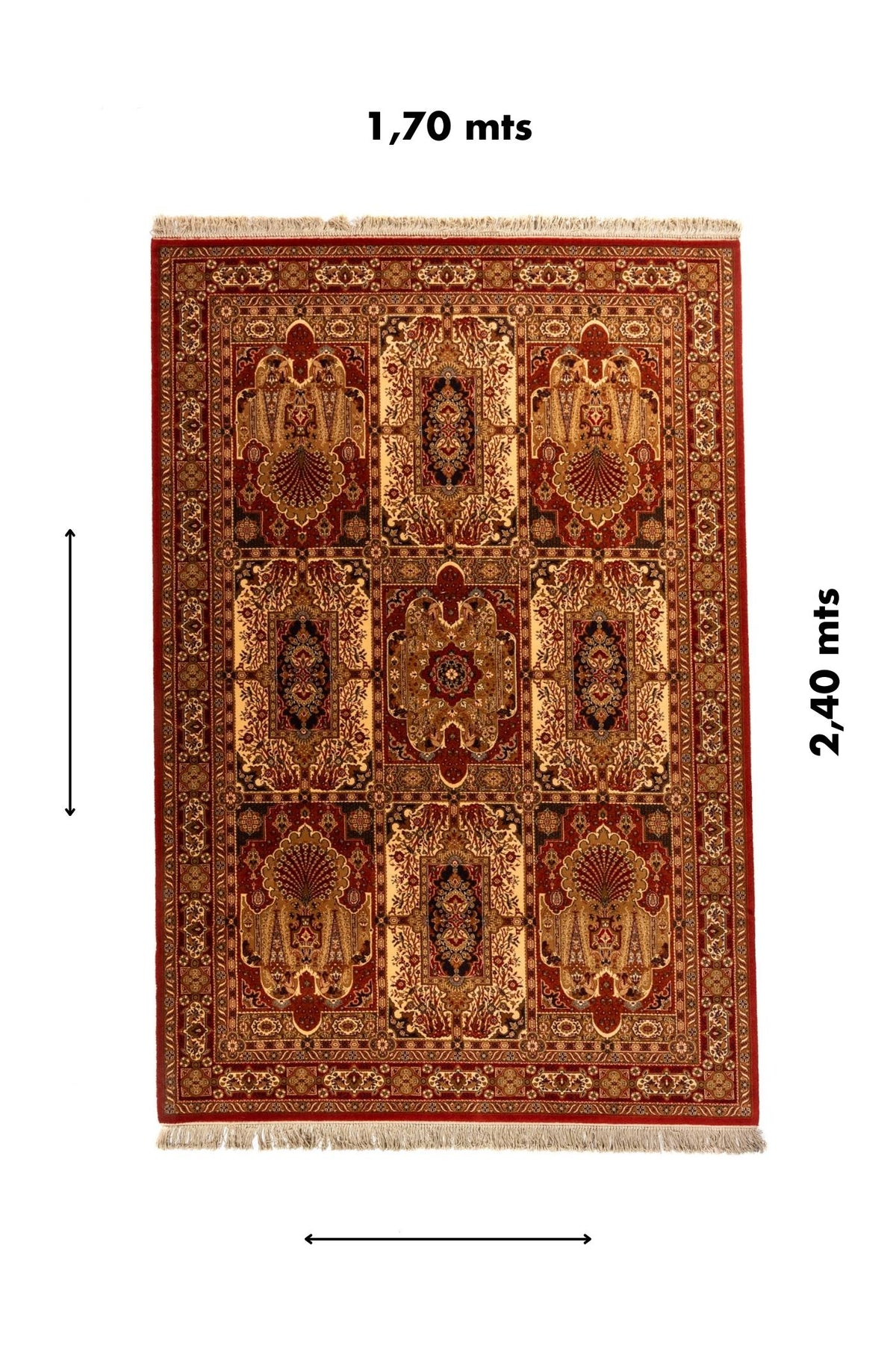 Alfombra clásica oriental roja con diseño simétrico y flecos, presentada con medidas de 1.70 x 2.40 metros.