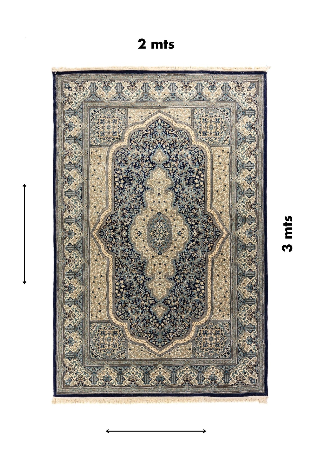 Alfombra oriental azul y beige de 2 x 3 metros con medallón central y guarda floral decorativa