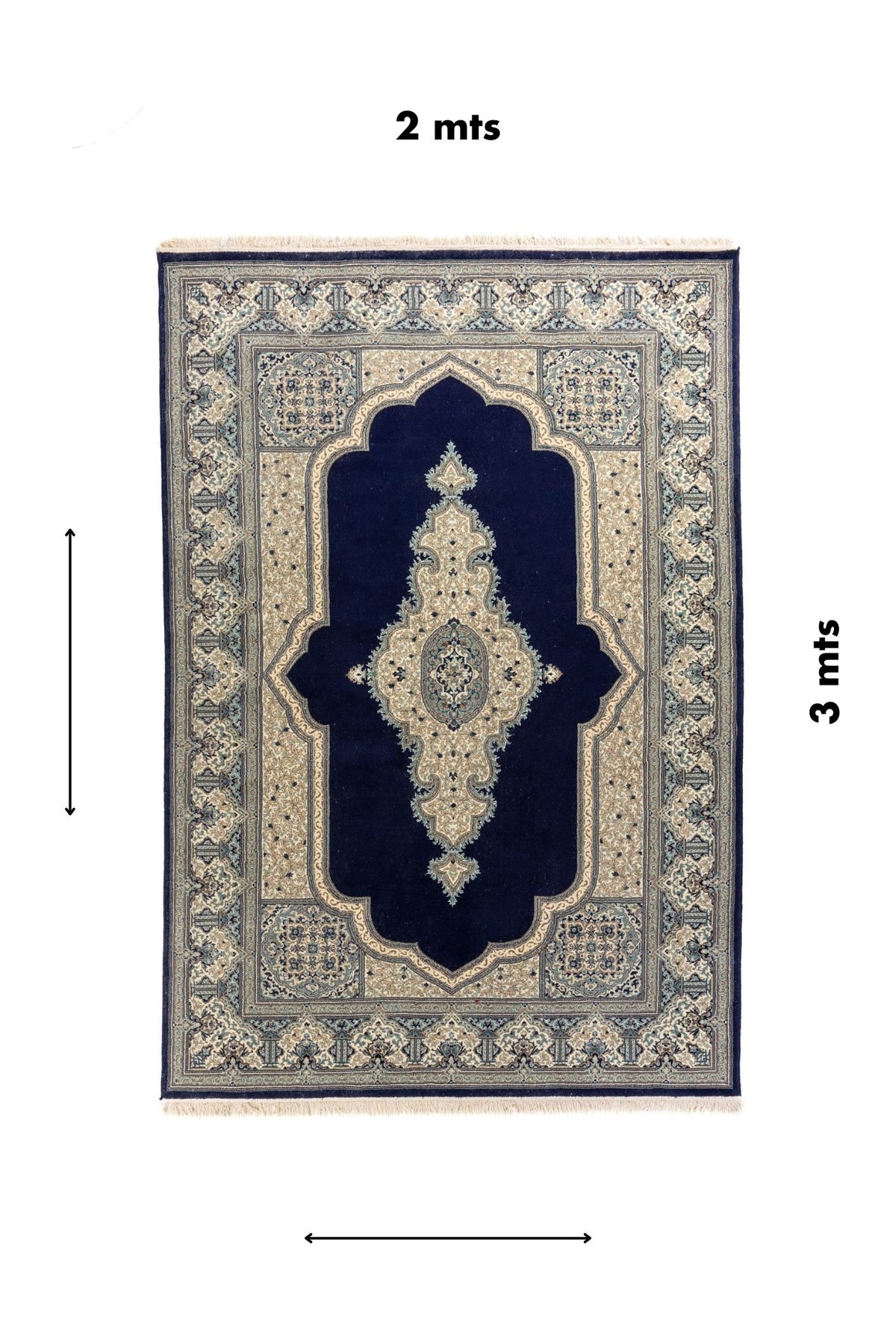 Alfombra rectangular de 2 x 3 metros en azul oscuro, blanco suave y celeste, con diseño simétrico central y amplia guarda floral de estilo clásico.
