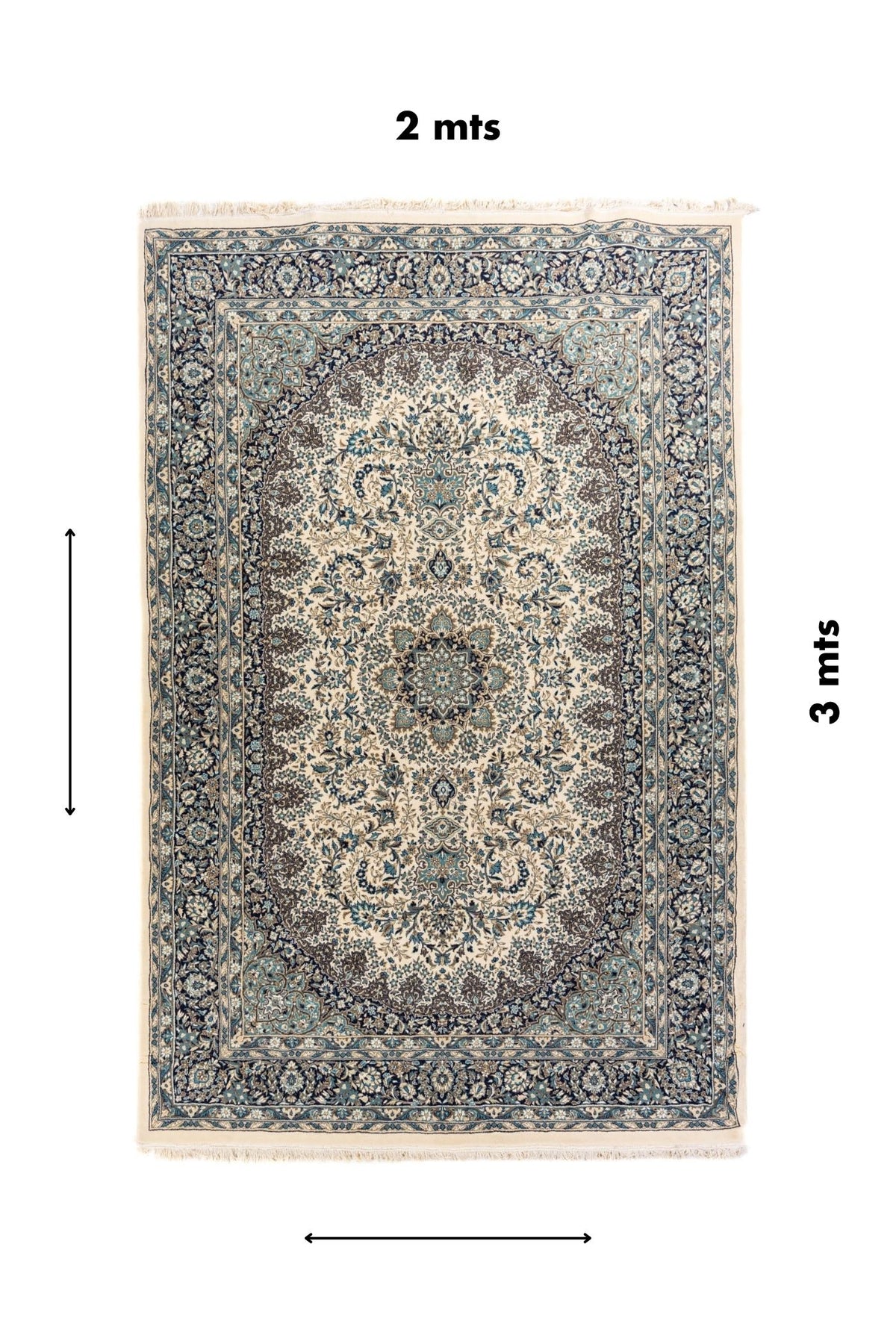 Alfombra rectangular de 2 x 3 metros con diseño oriental, medallón central sobre fondo blanco suave y guarda floral en azul oscuro y celeste.