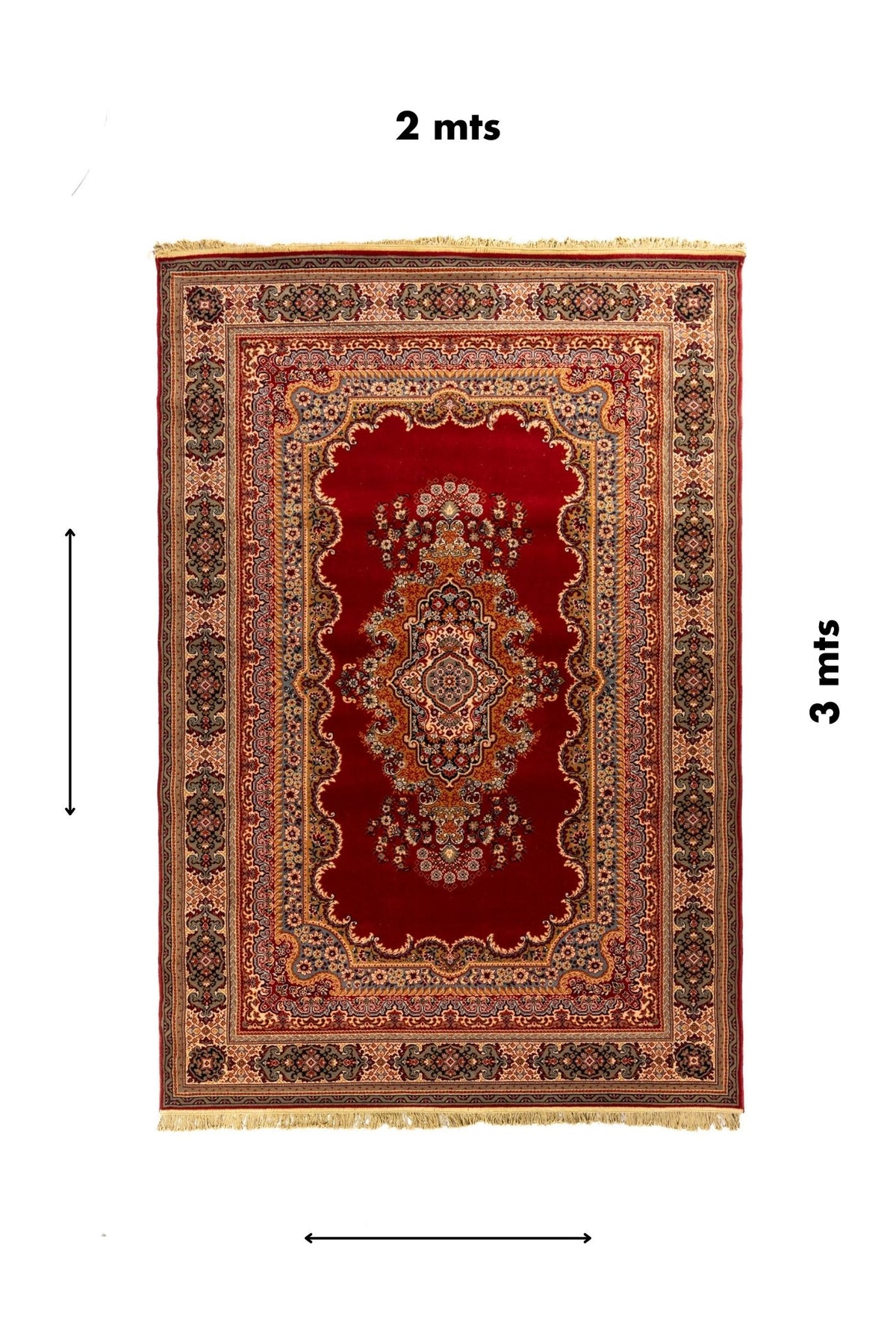 Alfombra clásica oriental roja con medallón central y diseño floral simétrico, presentada con medidas de 2 x 3 metros.