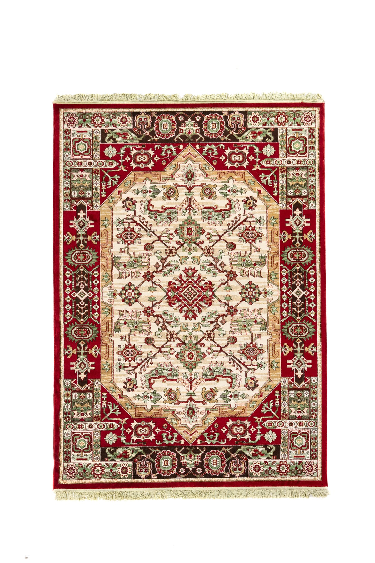 Alfombra clásica oriental en tonos rojo, blanco suave, verde y beige con diseño geométrico simétrico, amplio campo central decorado y flecos en los extremos.