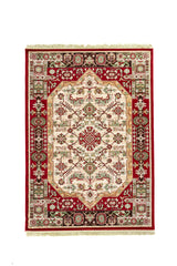 Alfombra clásica oriental en tonos rojo, blanco suave, verde y beige con diseño geométrico simétrico, amplio campo central decorado y flecos en los extremos.