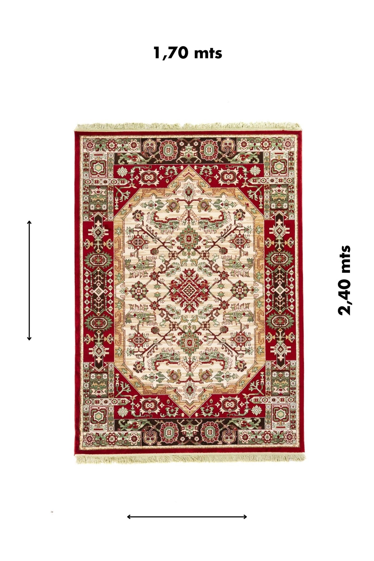 Alfombra clásica oriental en tonos rojo y blanco suave con diseño geométrico central y medidas de 1.70 x 2.40 metros