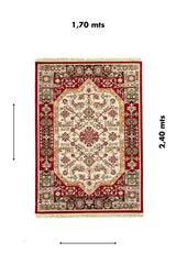Alfombra clásica oriental en tonos rojo y blanco suave con diseño geométrico central y medidas de 1.70 x 2.40 metros