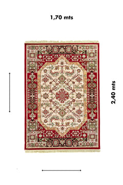 Alfombra clásica oriental en tonos rojo y blanco suave con diseño geométrico central y medidas de 1.70 x 2.40 metros