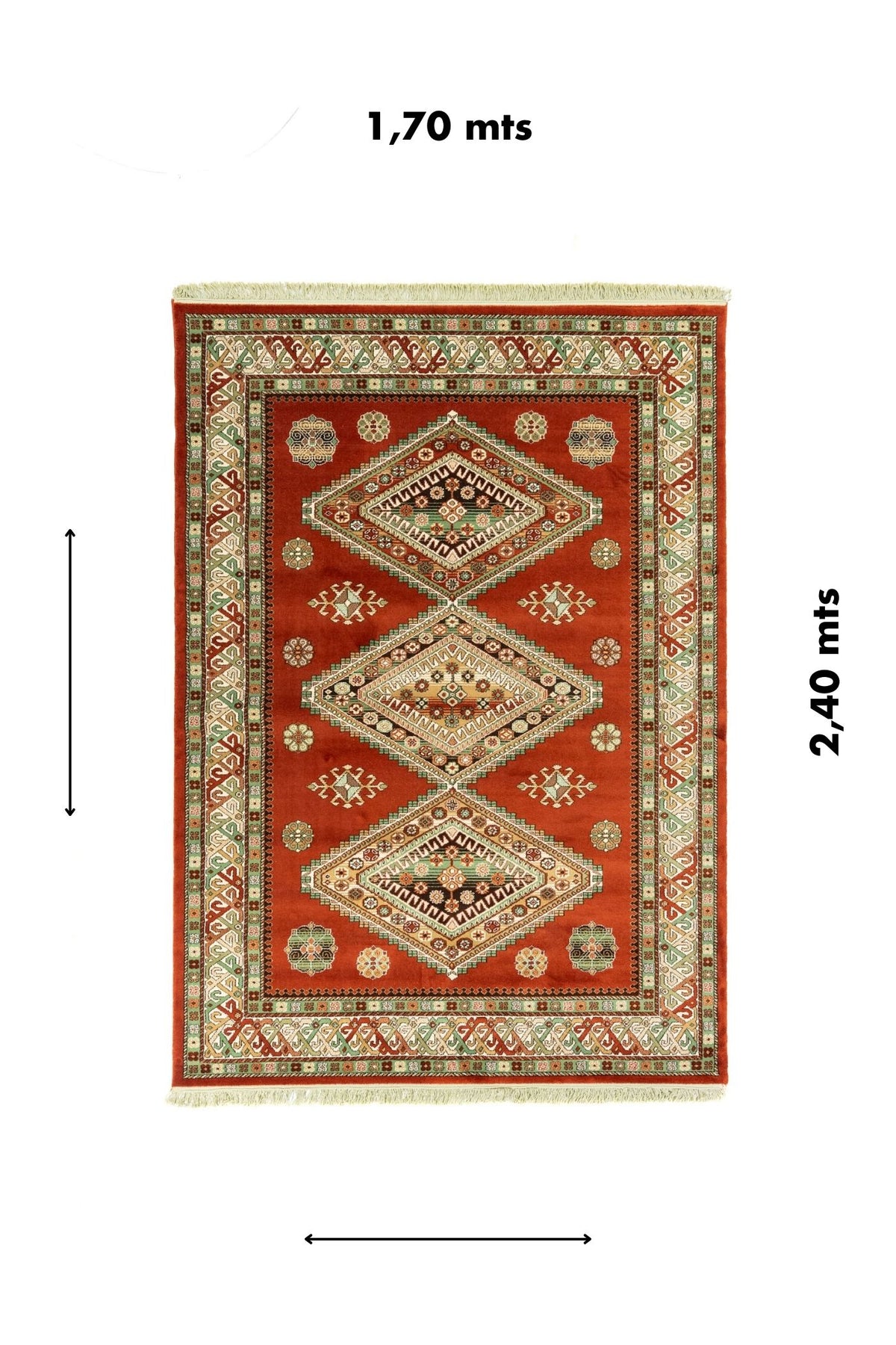 Alfombra oriental rectangular de 1.70 x 2.40 metros en tono rojo con diseño geométrico y referencia visual de medidas