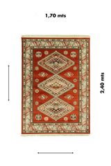 Alfombra oriental rectangular de 1.70 x 2.40 metros en tono rojo con diseño geométrico y referencia visual de medidas